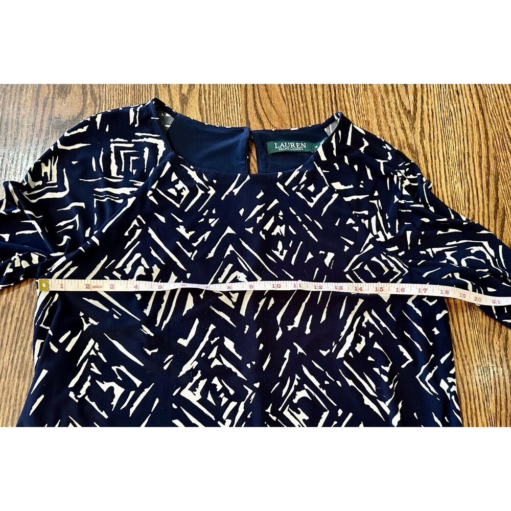 LAUREN RALPH LAUREN Navy Blue White Geometric Size 12 Long Sleeved‎ Lined Dress - Picture 5 of 9